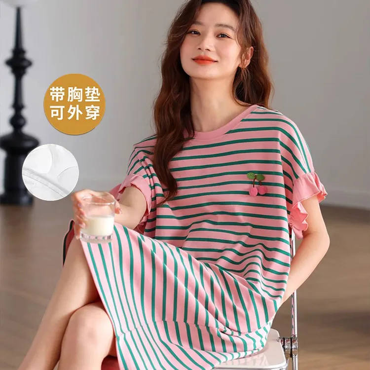 2025夏季新款带胸垫睡裙女薄款宽松条纹韩版甜美家居服休闲可外穿