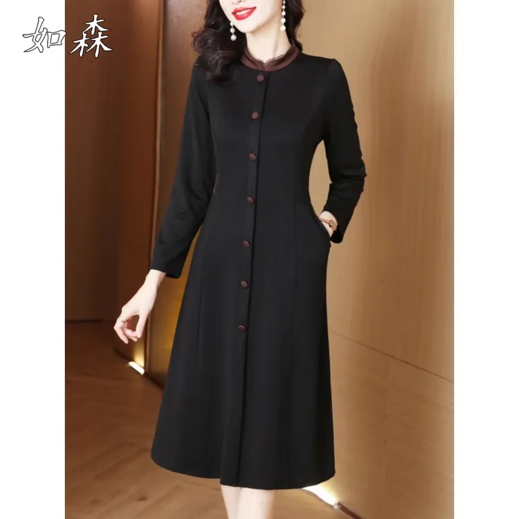 贵夫人黑色显瘦长袖连衣裙女秋冬2025新款中年妈妈洋气减龄中长裙
