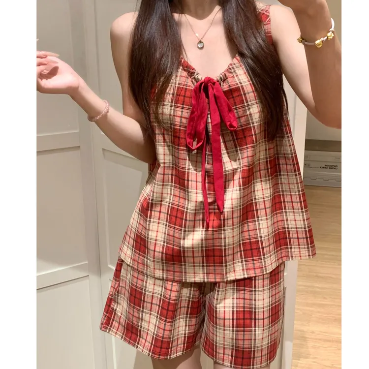 复古风显白红格纹睡衣女夏季新款大码宽松格子短裤家居服套装外穿