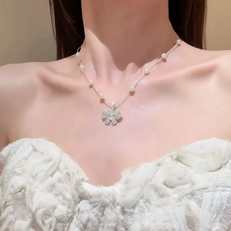 非金属仿珍珠吊坠 翩翩珠泪~韩系蝴蝶珍珠抽拉项链女轻奢小众配饰