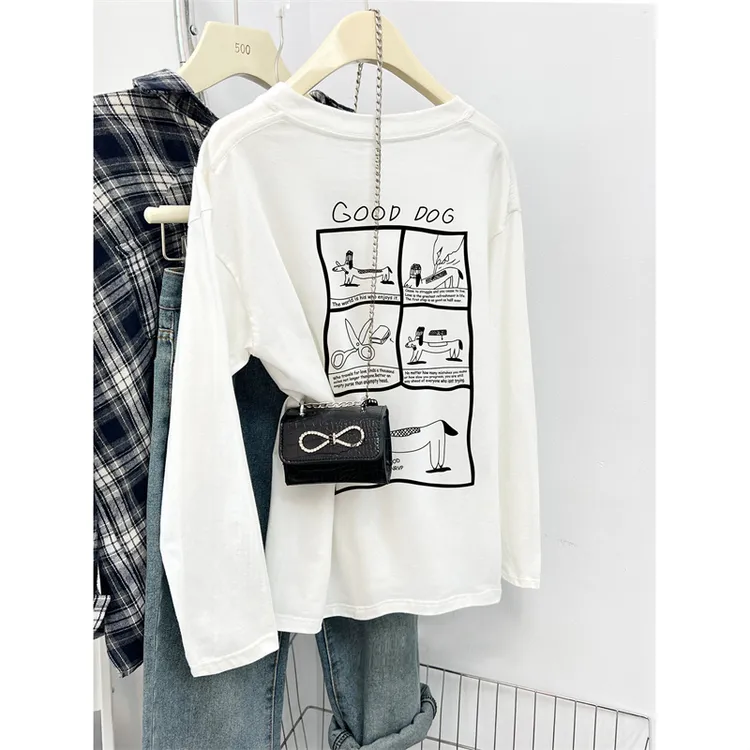 100%纯棉长袖t恤女早秋季2025新款打底衫韩版宽松大码圆领上衣服