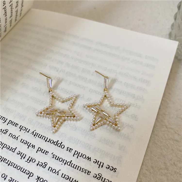 黄铜锆石耳饰 五角星锆石珍珠耳环女轻奢时尚个性百搭耳饰女