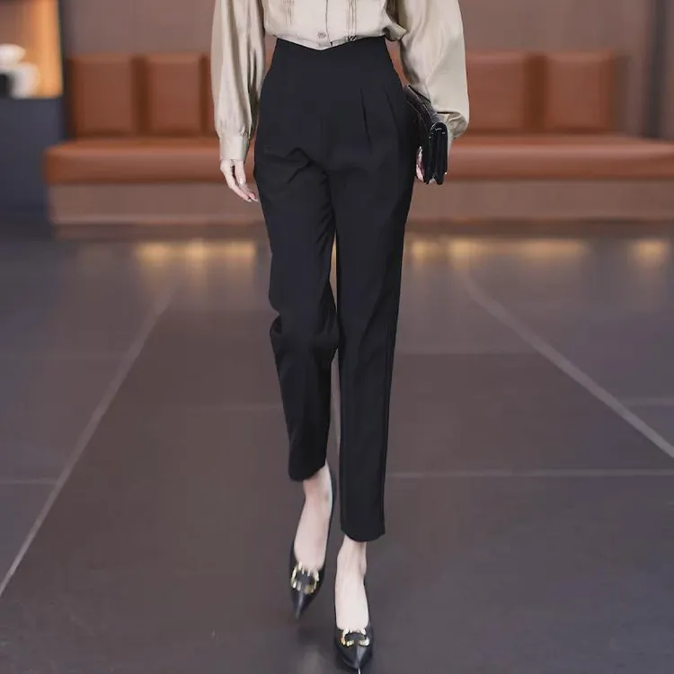 2024高腰遮肚子西装哈伦裤女2024新款春秋后拉链女裤垂感时尚裤子