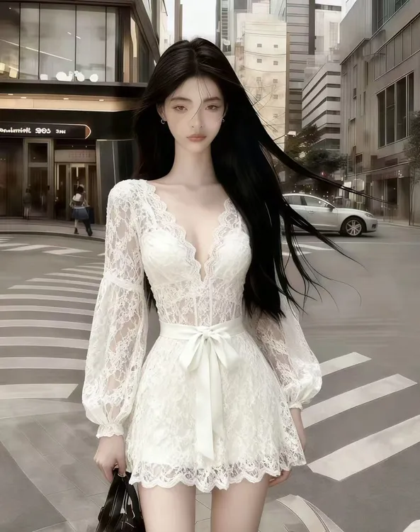 秋冬季2025氛围感仙女裙白色蕾丝深V领修身长袖收腰系带连衣裙女