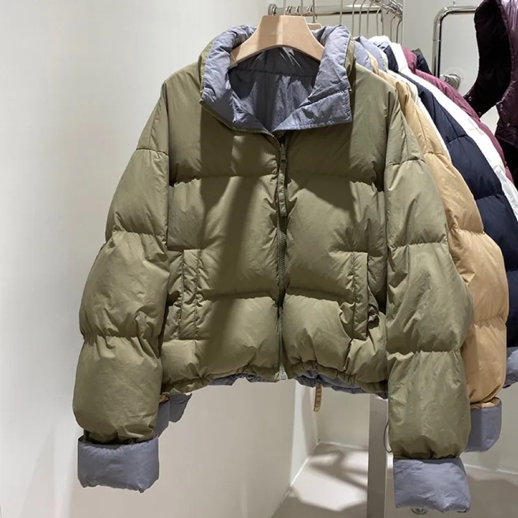 韩国原版袖口撞色羽绒服女冬季新品立领小个子短款简约面包外套