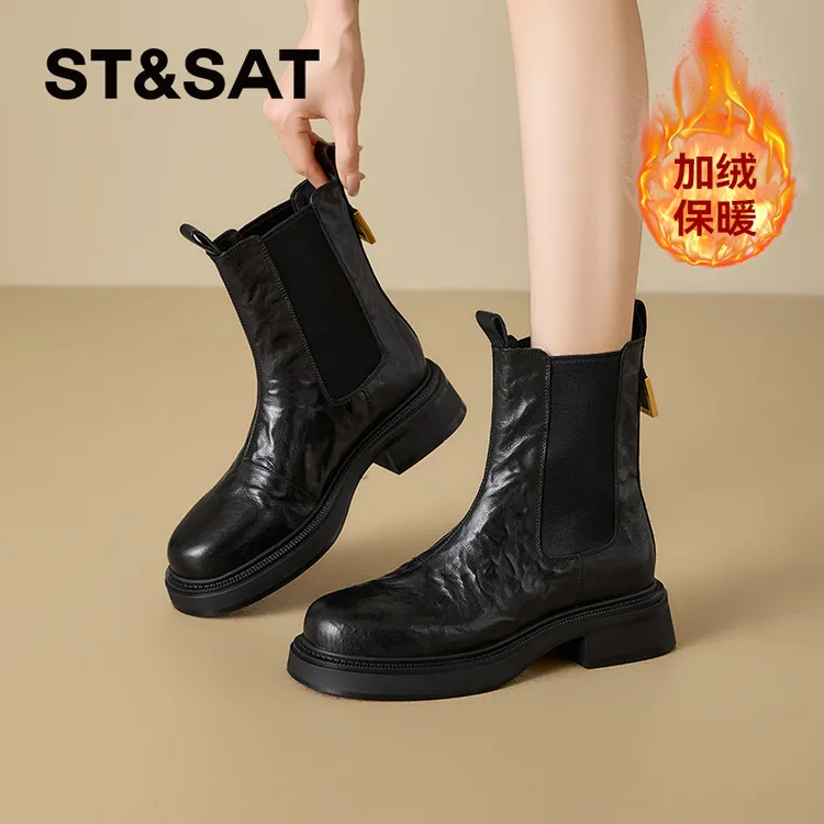 【黑金酷飒靴】星期六冬季新款加绒短靴厚底真皮时装靴保暖中筒百搭