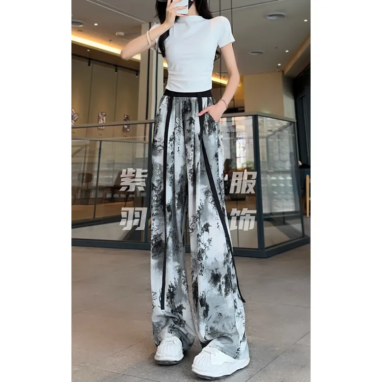夏季薄款冰丝缎纹飘带阔腿裤女百搭透气宽松印花扎染显瘦休闲裤