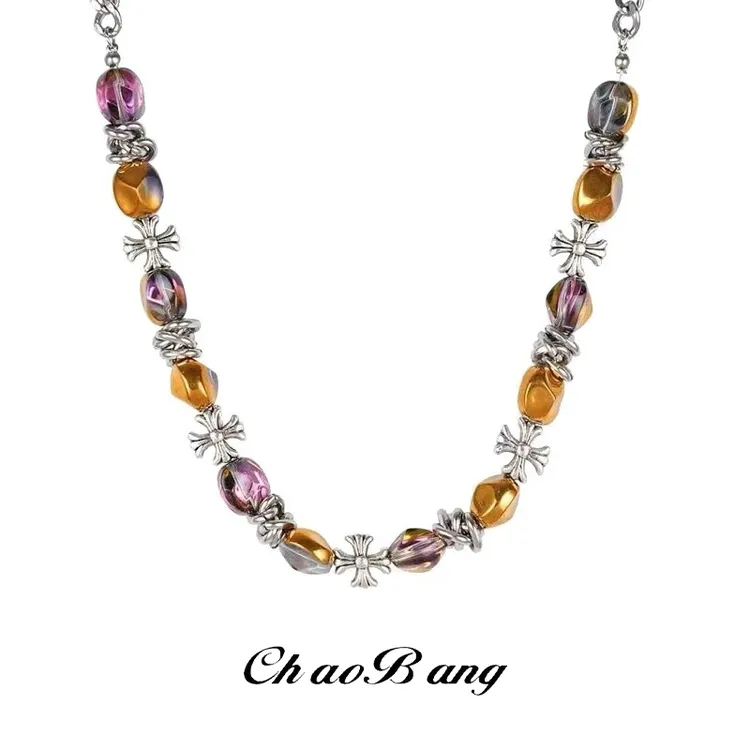 钛钢项链 彩色十字架串珠项链男潮高级感配饰小众设计个性ins饰品