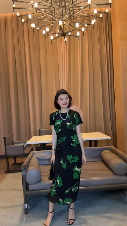 TANTAN  真丝 100 绿色印花短袖连衣裙1727