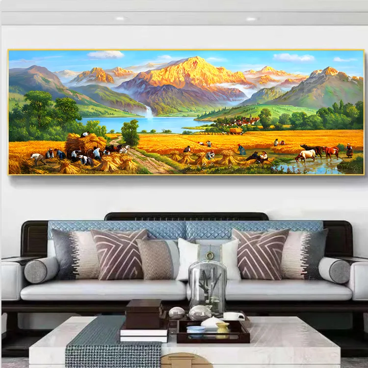 （背靠金山 ）新中式山水客厅沙发背景墙壁画晶瓷晶钻装饰挂画