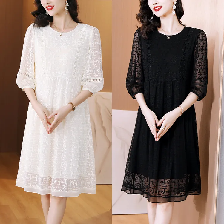 高端刺绣连衣裙2025夏季新款女士中长裙子显瘦气质