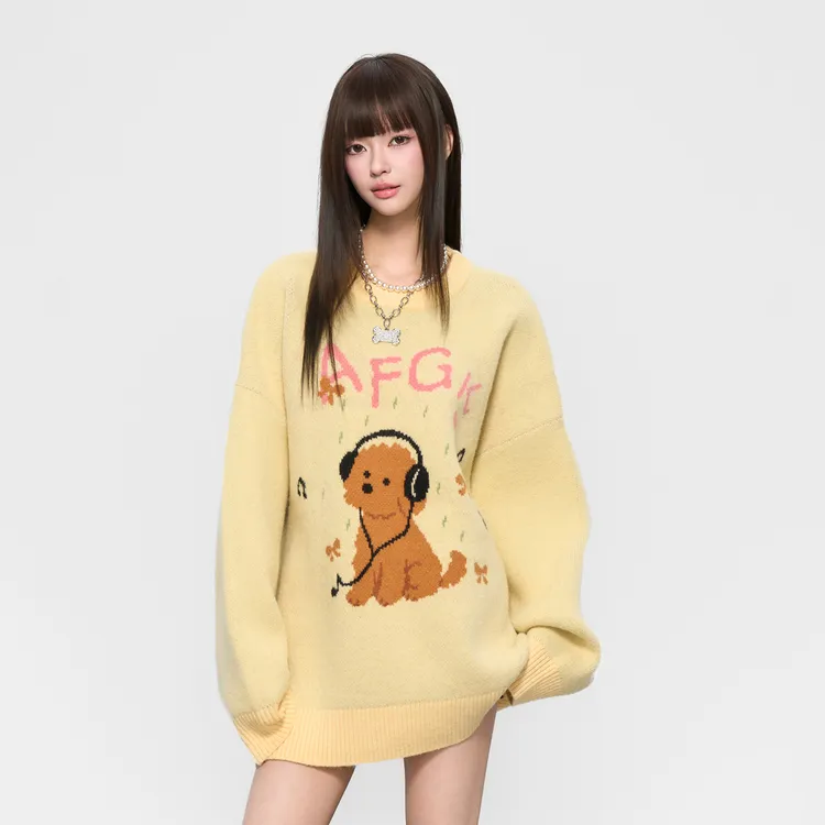 AFGK小狗元素美式复古潮流慵懒温柔可爱甜美百搭休闲宽松针织毛衣