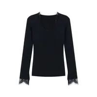 心机叠穿纯欲高弹力蕾丝拼接V领显瘦打底衫  J333