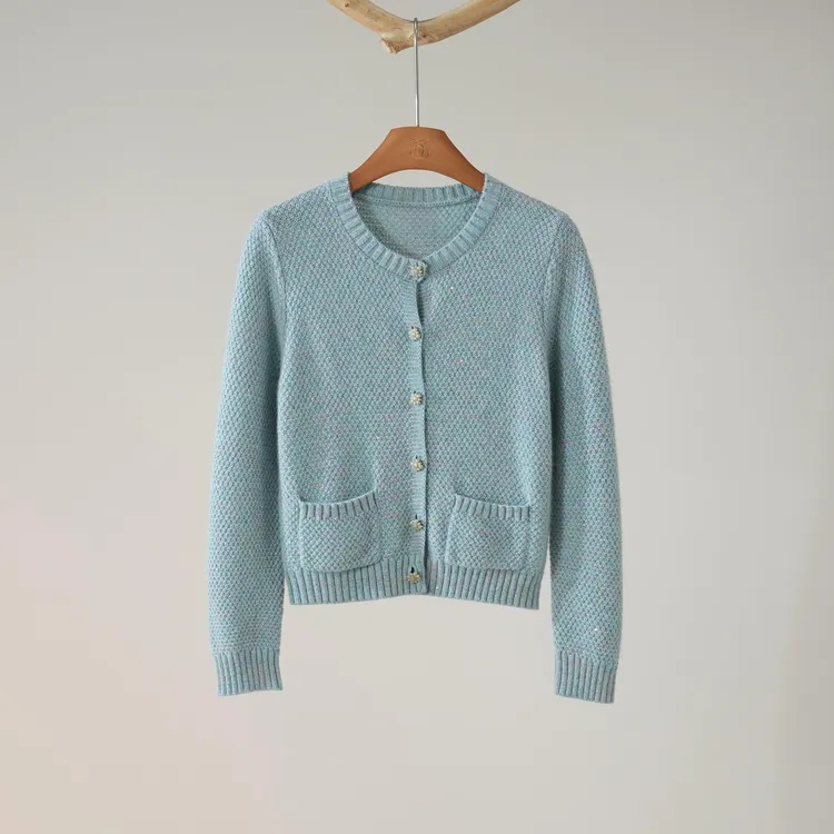 西子/【蓝月谷】兔绒羊毛混纺亮片花纱小香风针织开衫/MSHJ0217