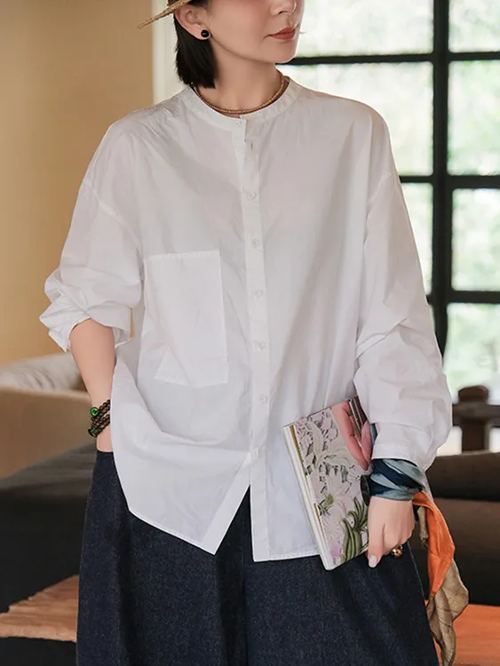 【极简风高密棉衬衫 百搭B入】高品质文艺范纯棉圆领宽松衬衣女装