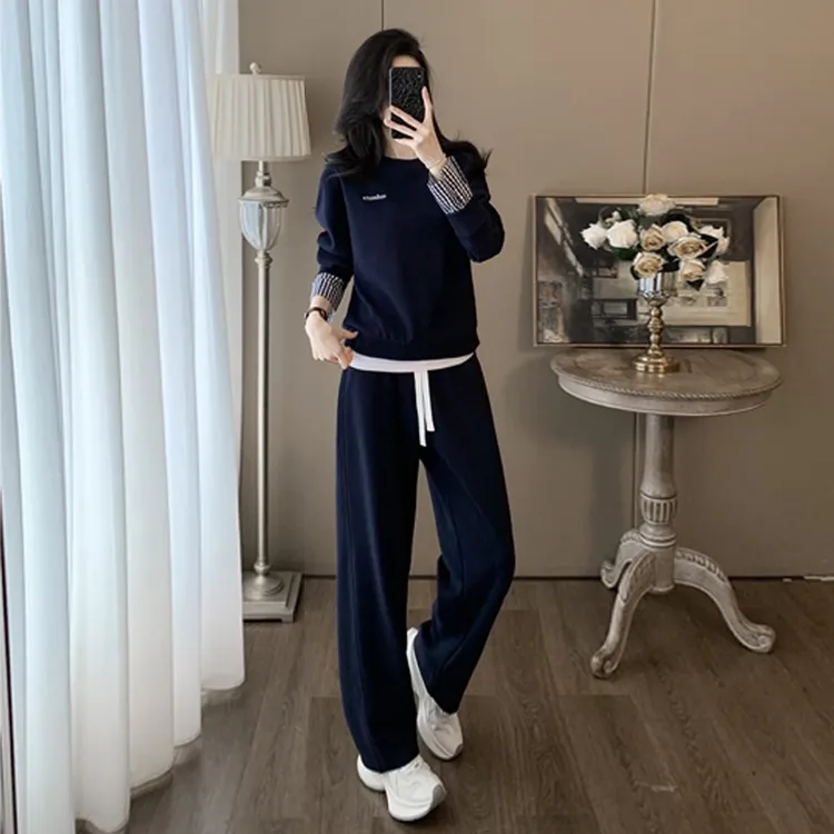 欧货潮牌休闲时尚套装女春秋洋气减龄假两件拼接卫衣阔腿裤两件套