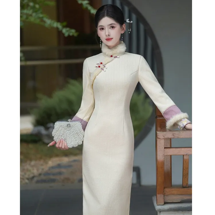 苏故里【梨雪落肩】文艺气质修身高端日常旗袍奢华气质单层衣长120