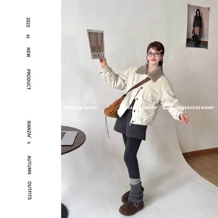 XIANZAI【雪顶咖啡】冬季新款工装翻领加厚羽绒服外套短裤两件套装