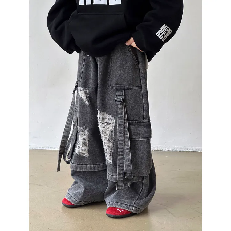 涵芽男童加绒牛仔裤2025秋冬季新款破洞加厚长裤HY25396