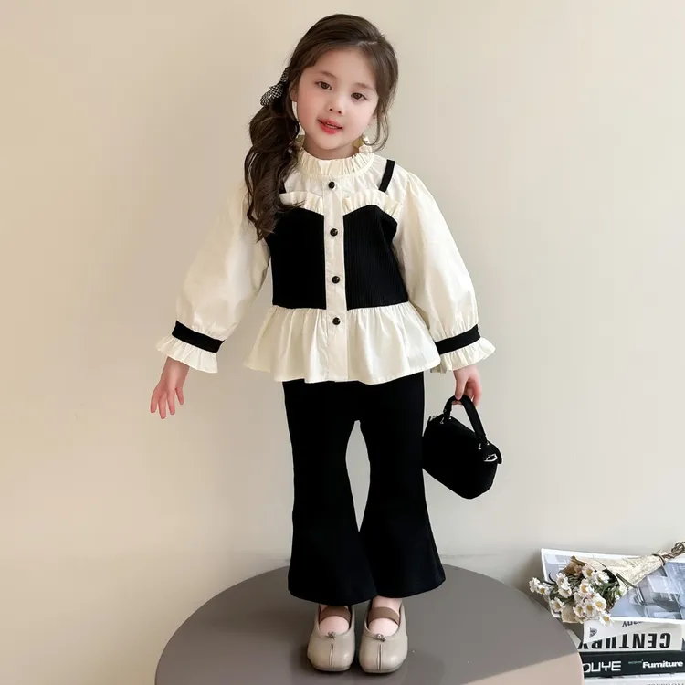 女童小香风套装2025新款儿童春秋装韩版洋气宝宝秋季喇叭裤两件套