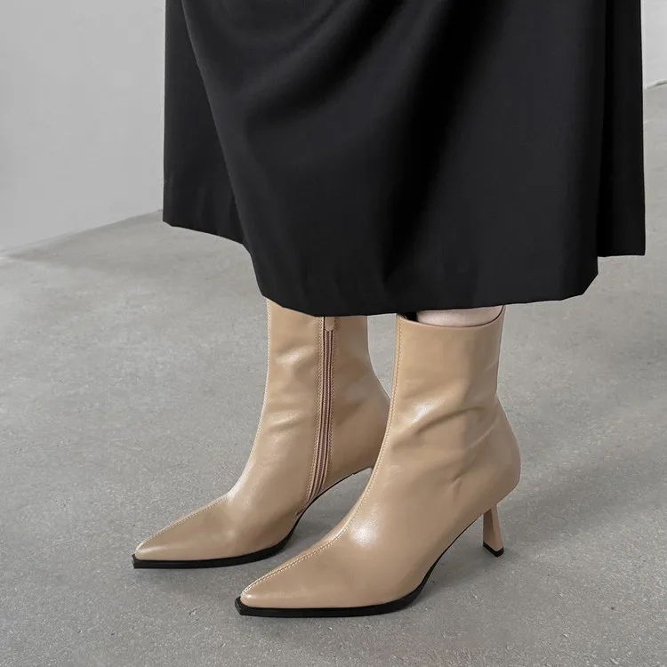 头层牛皮~7cm杏色高级感尖头高跟法式真皮短靴软皮细跟气质瘦瘦靴