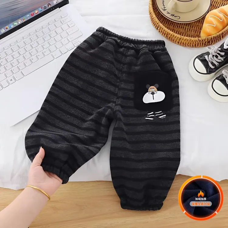 宝宝条纹加绒休闲裤男女童加厚裤子儿童一体绒卫裤加绒外穿运动裤