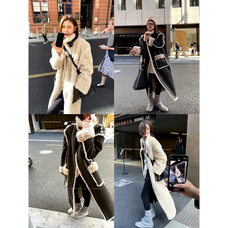 JCCC影子【暖酷双生】深咖色两面穿立领长款皮毛一体外套JE5BPW14