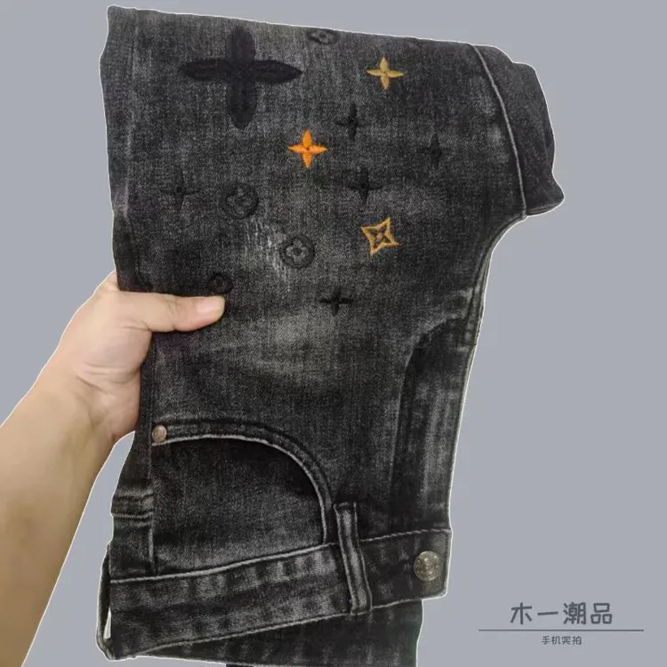 欧货刺绣花牛仔裤男款修身小脚裤2025新款秋冬款弹力潮流韩版长裤