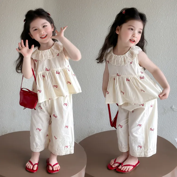 2025新款韩版夏款女童无袖花边套装儿童夏季公主风时髦蝴蝶结休闲