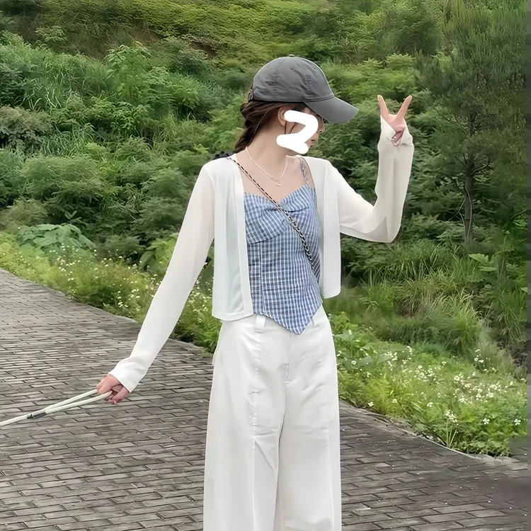 时尚气质吊带圆领长袖开衫套装2025秋季新款新款吊带格子两件套潮