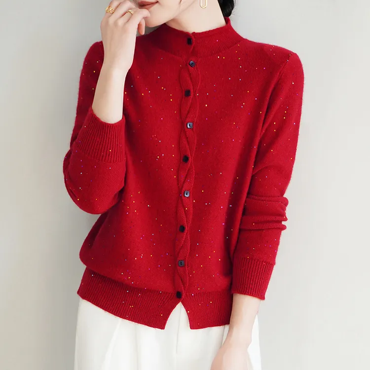韩系轻奢半高领亮片加厚针织开衫毛衣扭花门襟洋气红色上衣爆款新