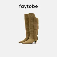 faytobe城市游牧风流苏靴时尚秋冬新款尖头高筒骑士靴