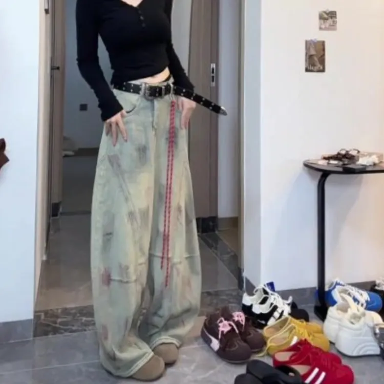 美式复古做旧时髦拖地裤女2025秋季新款泥染做脏弯刀高个子牛仔裤