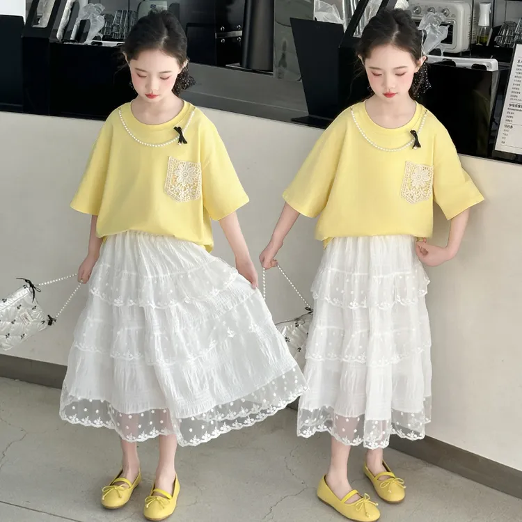 女童夏季新款套装蕾丝花边T恤时尚儿童半身裙小女孩蓬蓬裙两件套