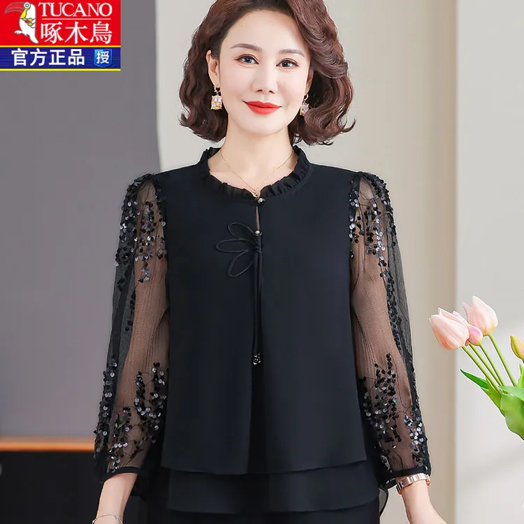 啄木鸟中年妈妈春秋装洋气雪纺小衫套装夏季纱袖上衣气质两件套女