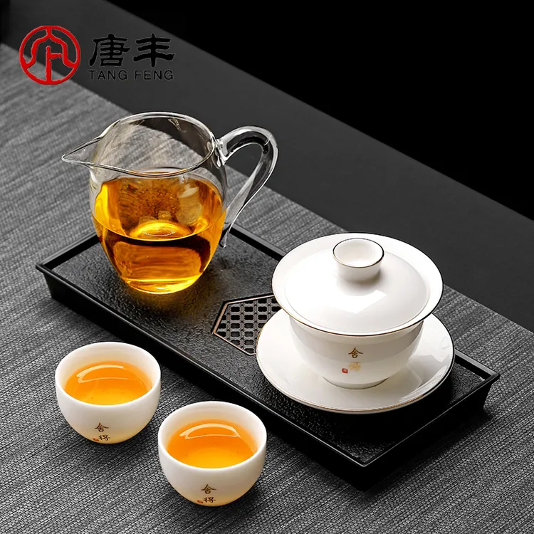 唐丰羊脂玉瓷三才盖碗三件高档功夫茶具套装泡茶碗工位一人饮泡茶