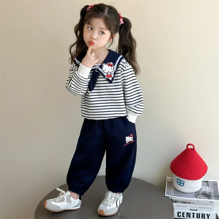 女童春秋季新款潮流百搭儿童韩系卡通kt猫海军风条纹休闲两件套