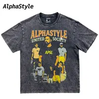ALPHASTYLE时尚潮牌新品夏复古人物水洗印花宽松百搭T恤短袖男女