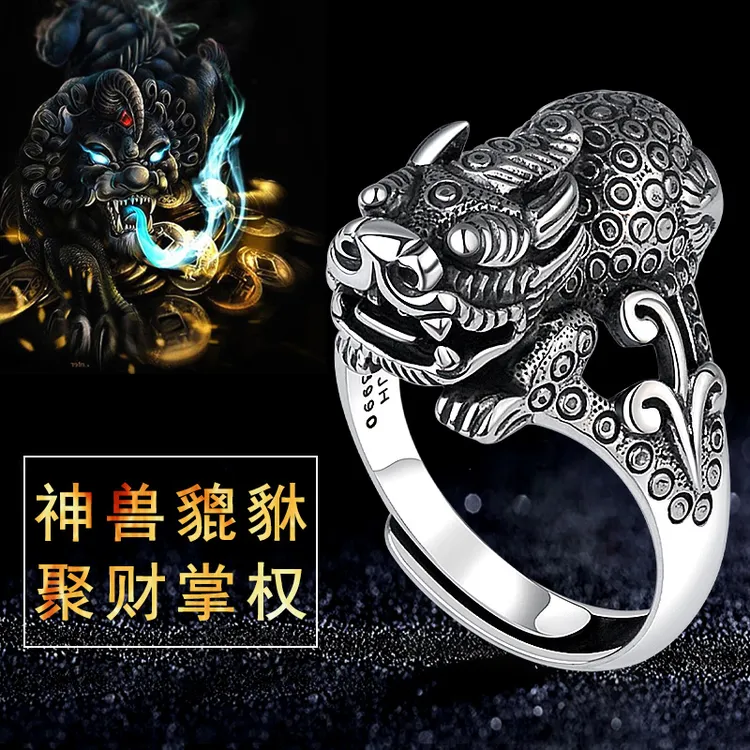 足银戒指 吸财旺财貔貅戒指男女食指环开口宽版霸气神兽个性国潮