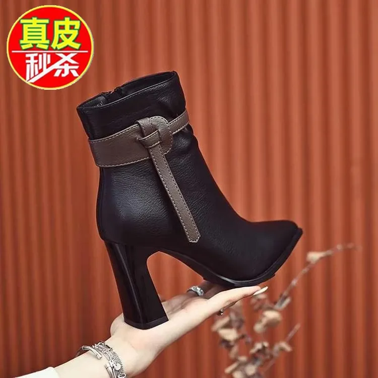 品牌断码真皮粗跟显瘦时装靴秋冬女神配大衣尖头高跟短靴爆款踝靴