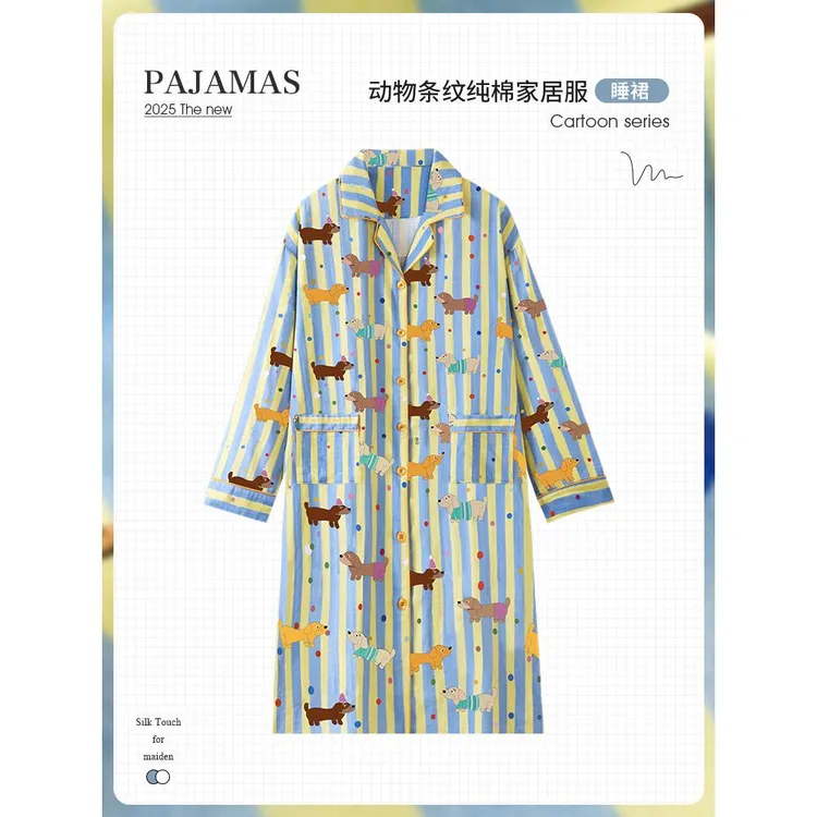 卡通可爱腊肠狗小狗条纹睡裙睡衣女春秋纯棉长袖长款大学生家居裙