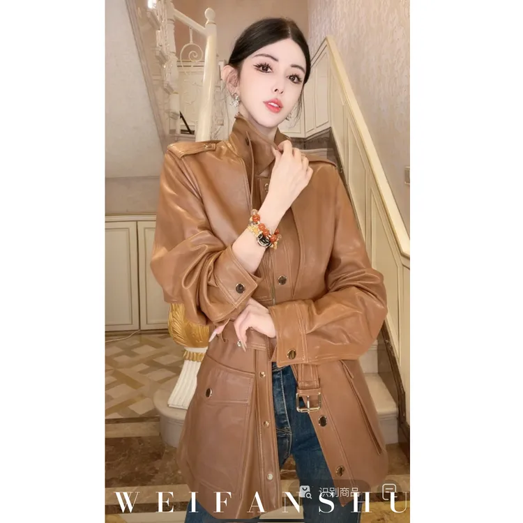 WEIFANSHU/魏凡舒【神图出圈】秋季新款中长款收腰立领羊皮皮衣外套