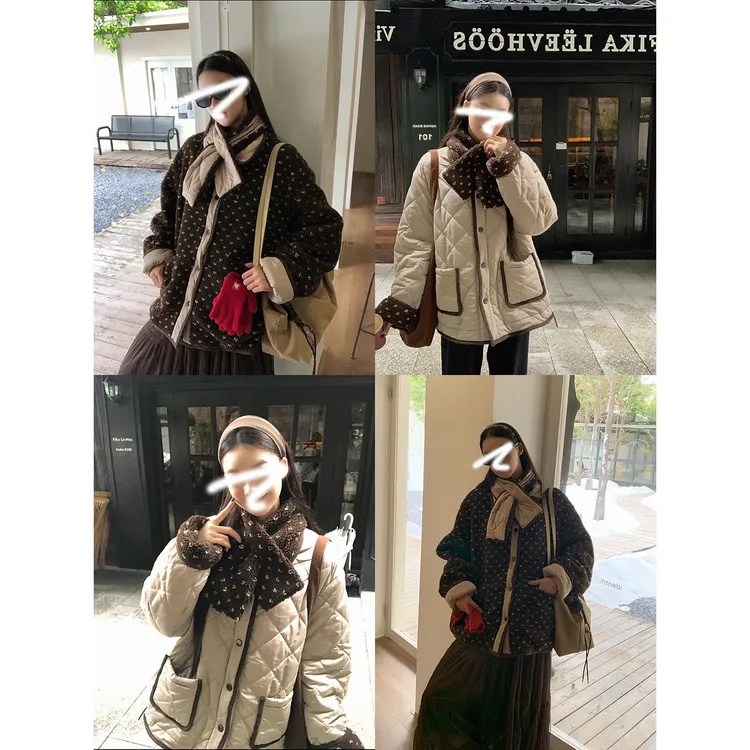 【洋娃娃】秋冬甜美韩系波点撞色双面宽松棉服女百搭时尚复古菱格