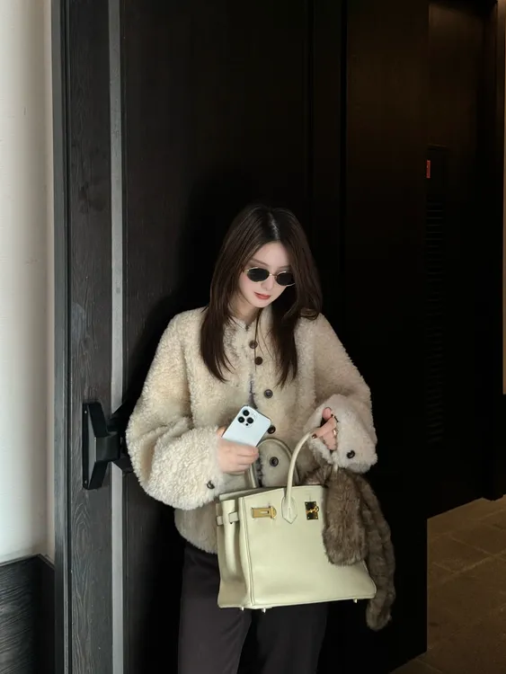 R123512W【100羊毛】短外套宽松复古设计师厚款单排扣女保暖中长款