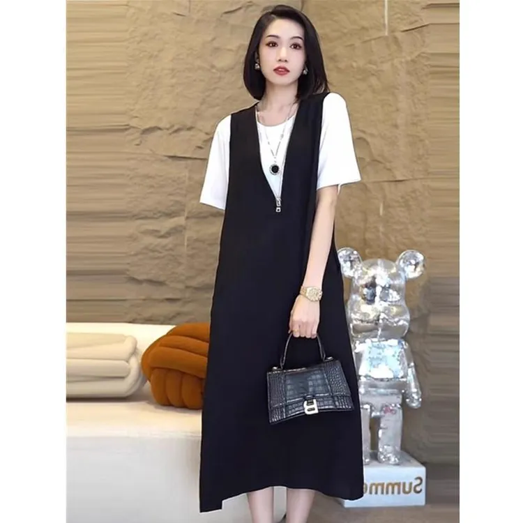 大码女装春季新款宽松马甲裙两件套胖mm遮肚显瘦背心连衣裙套装夏