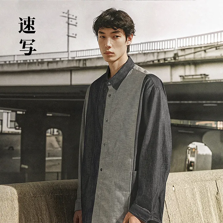 速写男装秋冬季新款休闲宽松长袖牛仔衬衣拼接撞色衬衫9O7211870