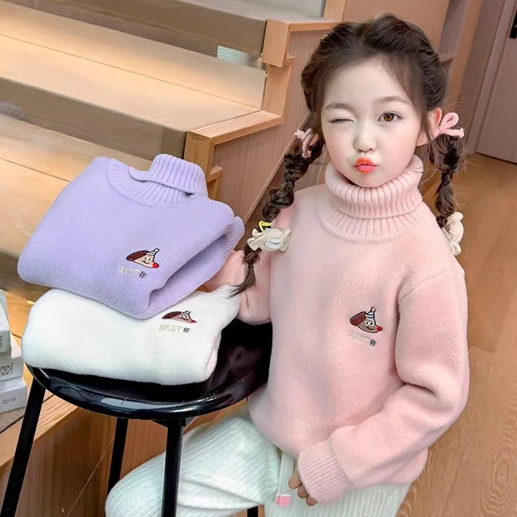 女童一体绒毛衣秋冬季高领加厚保暖针织衫加绒打底衫宝宝上衣