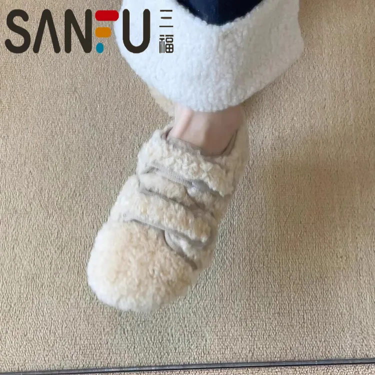 三福可爱全包小棉鞋女皮毛一体魔术贴平底毛毛鞋加绒保暖防滑单鞋