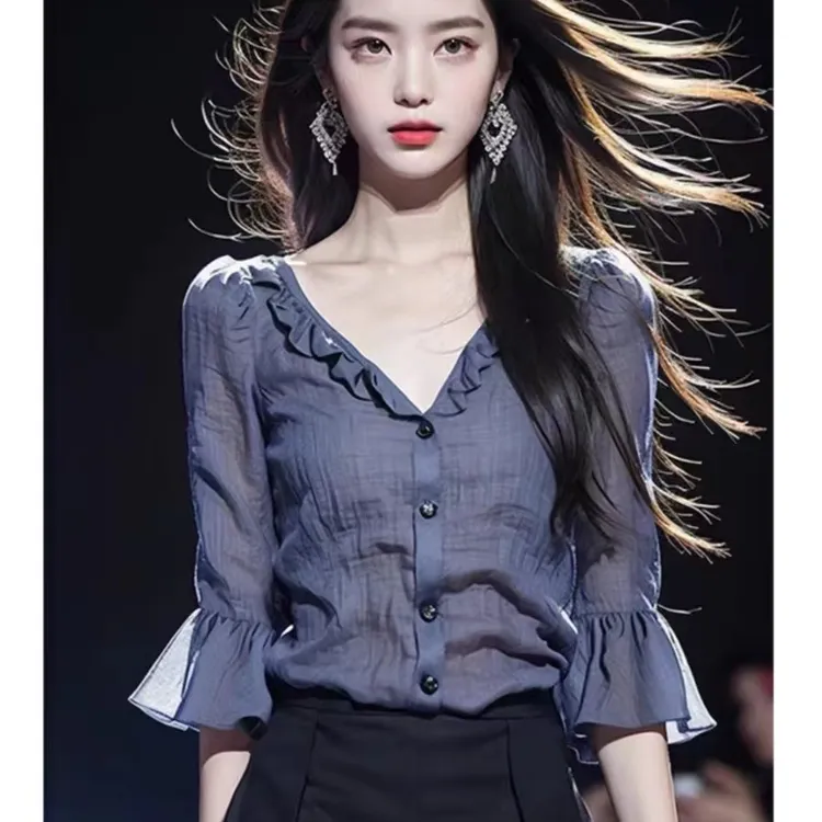 蓝色雪纺衬衫女士夏欧货v领高级感洋气中袖高端七分袖上衣7275hs