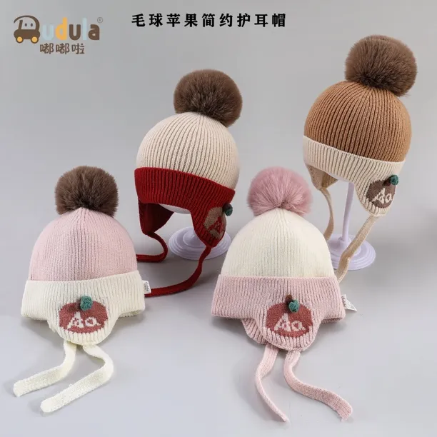 嘟嘟啦字母苹果简约婴儿针织时尚护耳帽4059
